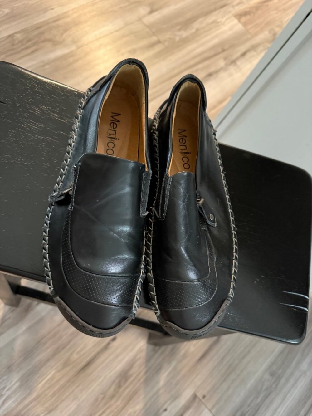 Menico Black Leather Casual Sport Slip-On Shoes 100% Caoutchouc Sole Size 41